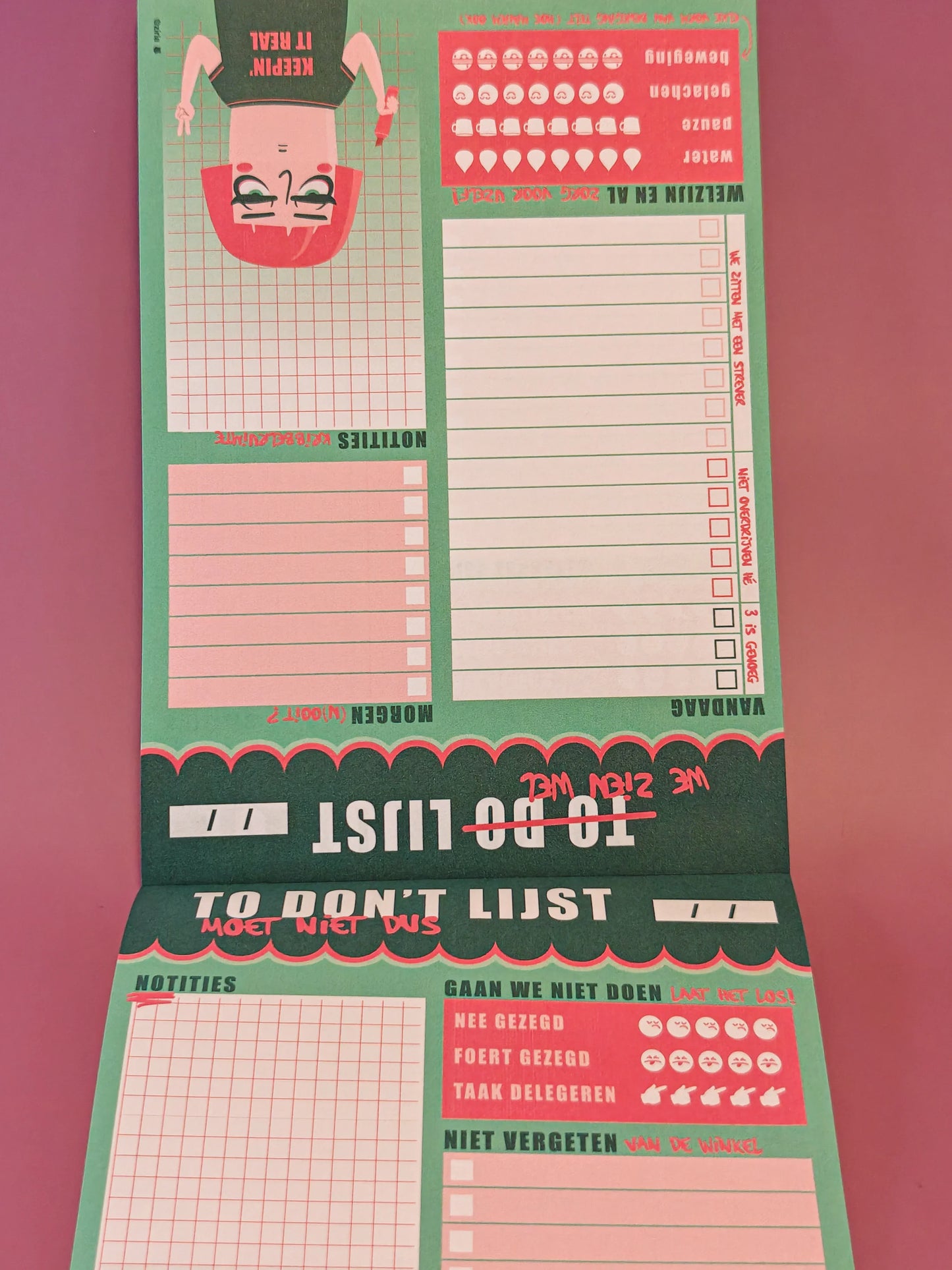 To Don't List notitieblok in groen en roze, met illustratie, takenlijst en checklist.