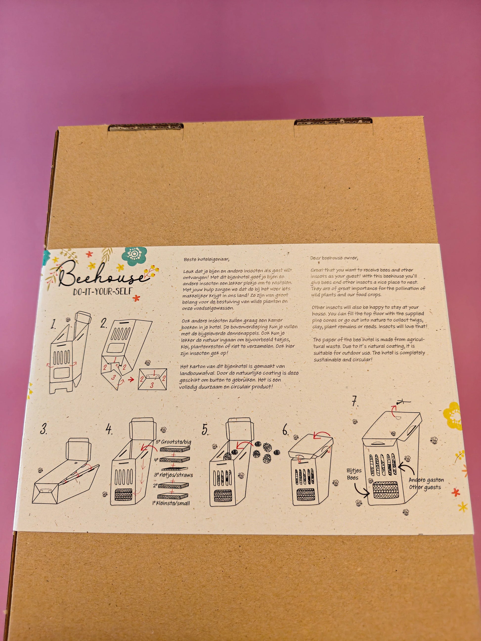 Beehouse DIY bijenhotel bouwpakket op kartonnen doos, instructies met illustraties, paarse achtergrond