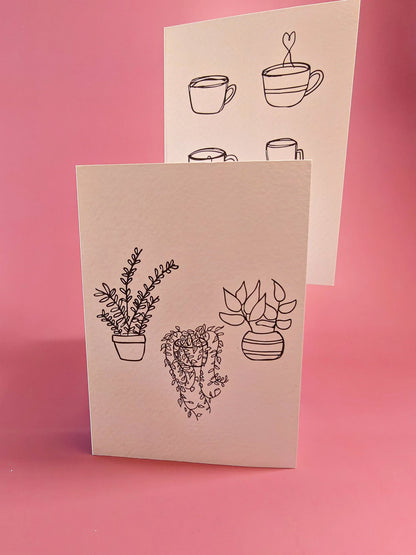 Minimalistische wenskaarten met planten en koffiekop illustraties op roze achtergrond
