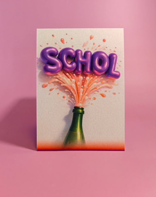 Wenskaart met paarse tekst 'SCHOL', champagnefles en roze achtergrond, feestelijk design.