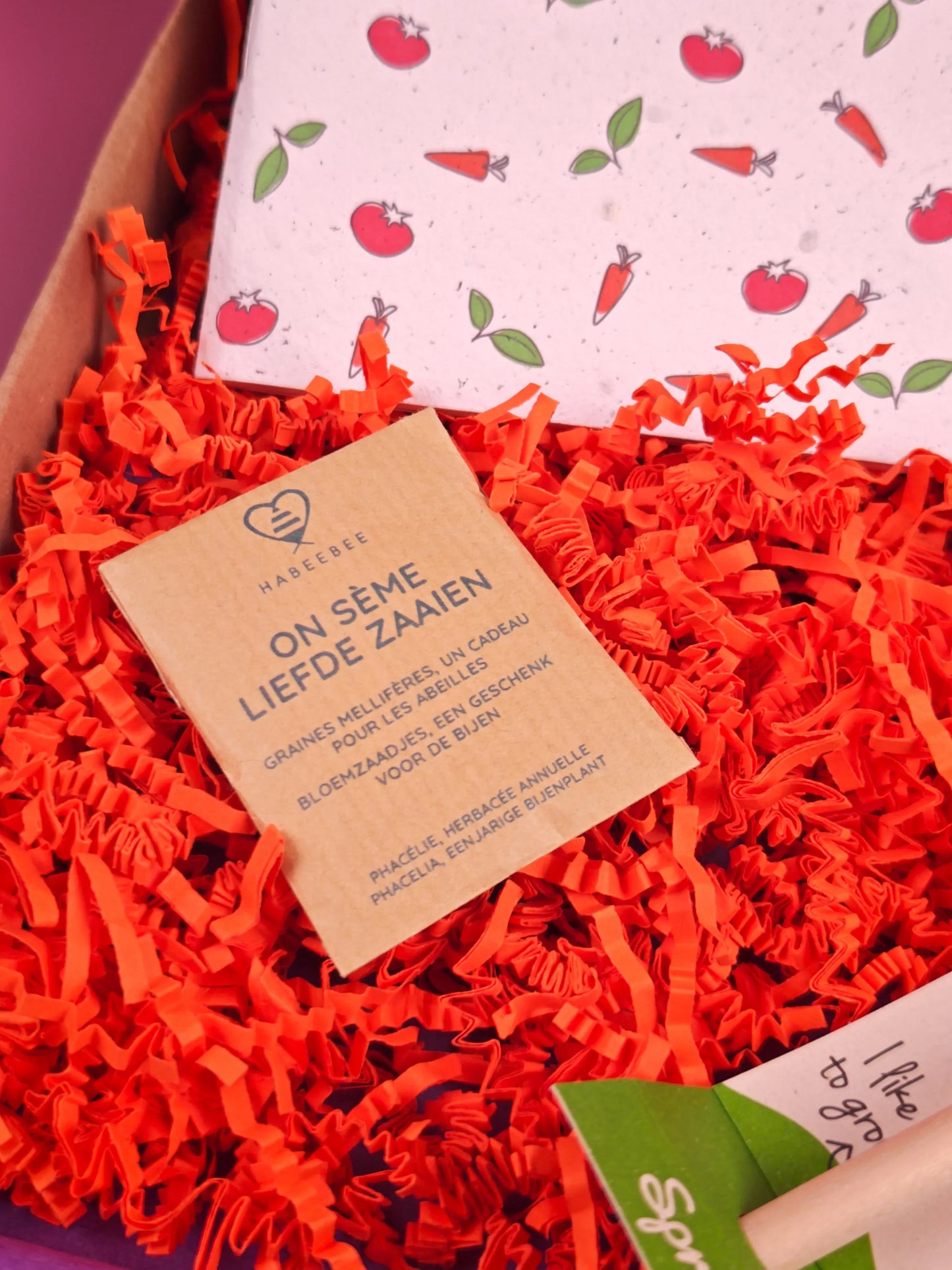 Cadeaubox met zaadjes, rode opvulling en vrolijk papier met tomaat en wortel illustraties.