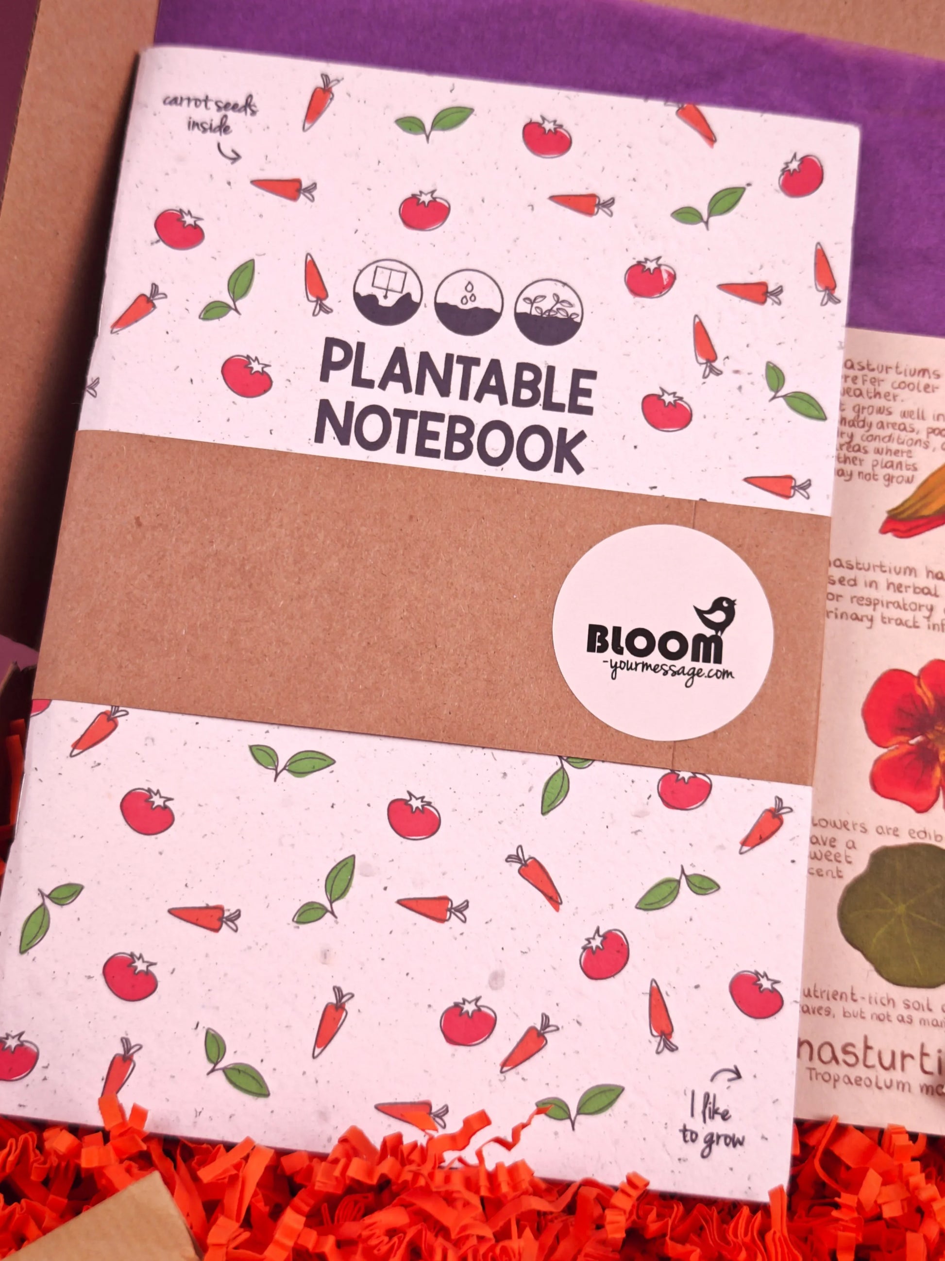 Plantbaar notitieboek met tomaat- en wortelprint, duurzame cadeaubox, milieuvriendelijk cadeau