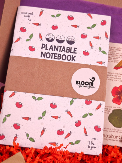 Plantbaar notitieboek met tomaat- en wortelprint, duurzame cadeaubox, milieuvriendelijk cadeau